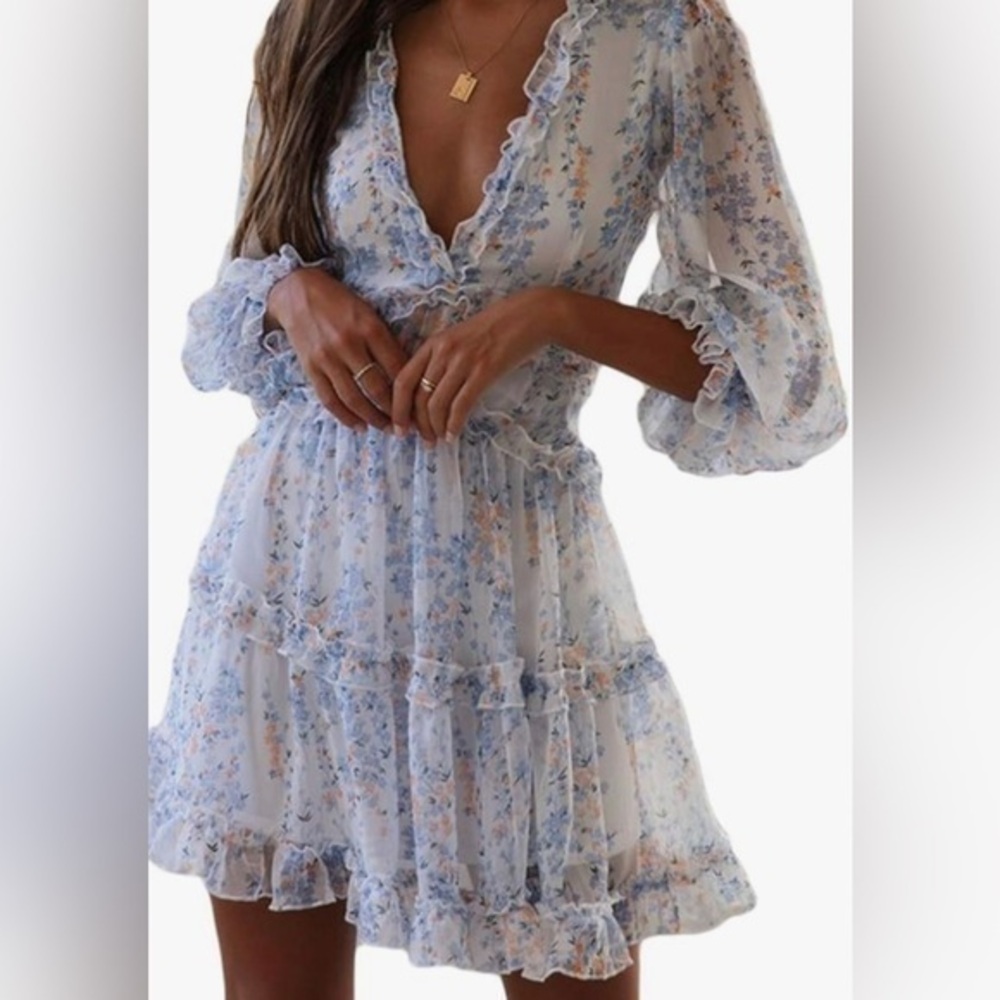 Happy Sailed Romantic Lantern Sleeve Swing Mini Dress - Womens Size Small Floral